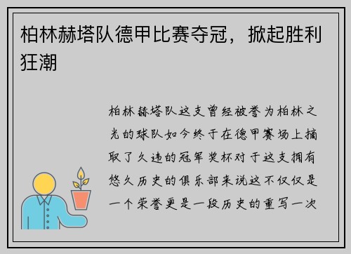 柏林赫塔队德甲比赛夺冠，掀起胜利狂潮