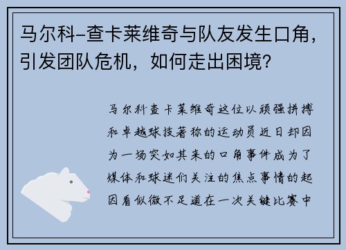 马尔科-查卡莱维奇与队友发生口角，引发团队危机，如何走出困境？